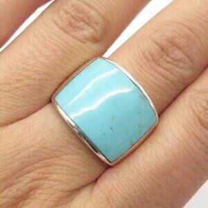 925 Sterling Silver Vintage Real Turquoise Gem Wide Ring Size 8